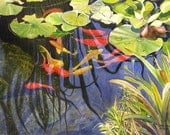 Koi fish, lily pads art watercolor painting print 12x16 by Cathy Hillegas - Underwater Ballet, orange, red, yellow, green blue, purple