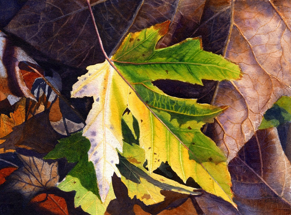 Yellow Leaf Art Watercolor Painting Print by Cathy Hillegas, 8x10, autumn leaves, yellow, gold, emerald green, brown, purple, red, blue