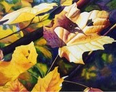 autumn leaves art watercolor painting print by Cathy Hillegas, October Light, 11x14, gold, yellow, orange, purple, blue, green