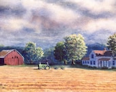 Barn, Tractor landscape watercolor print of an original painting by Cathy Hillegas, brown, red, blue, green, purple
