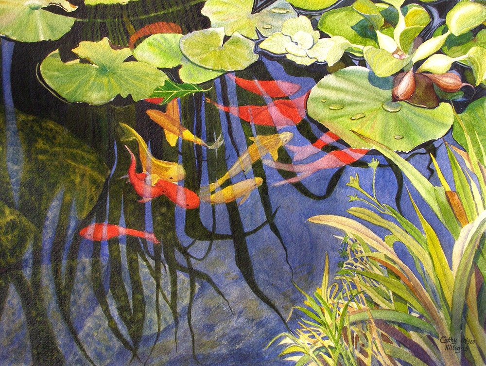 Koi fish art watercolor painting print from an original painting by Cathy Hillegas, Underwater Ballet 8x10