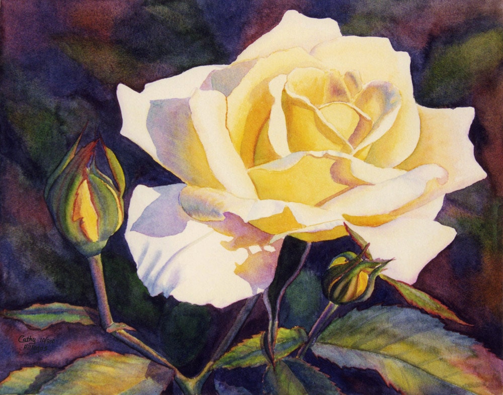 Yellow Rose art watercolor painting print by Cathy Hillegas, yellow, lilac, green, 8x10, floral,yellow, purple, green