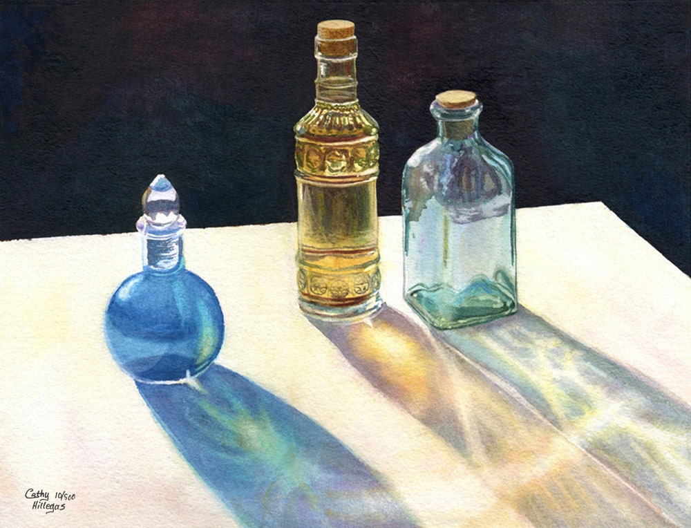 Glass Bottles in sun, art watercolor painting print from original still life by Cathy Hillegas, Sun Dance"