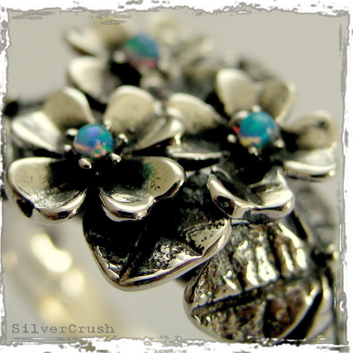 Floral sterling silver gemstone botanical ring with blue opals - Moon garden .