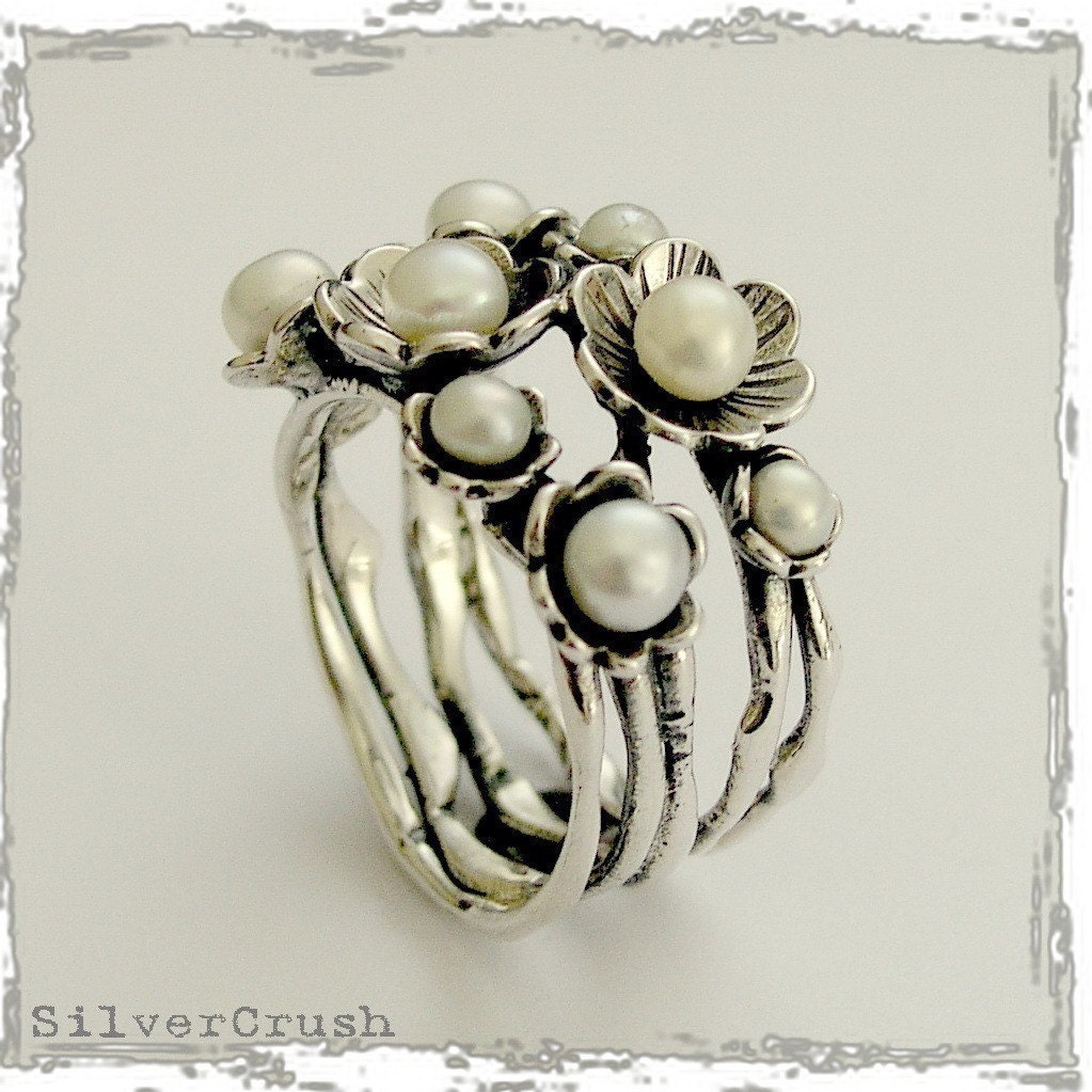 Floral sterling silver botanical ring with fresh water pearls, June birthstone - Clueless .