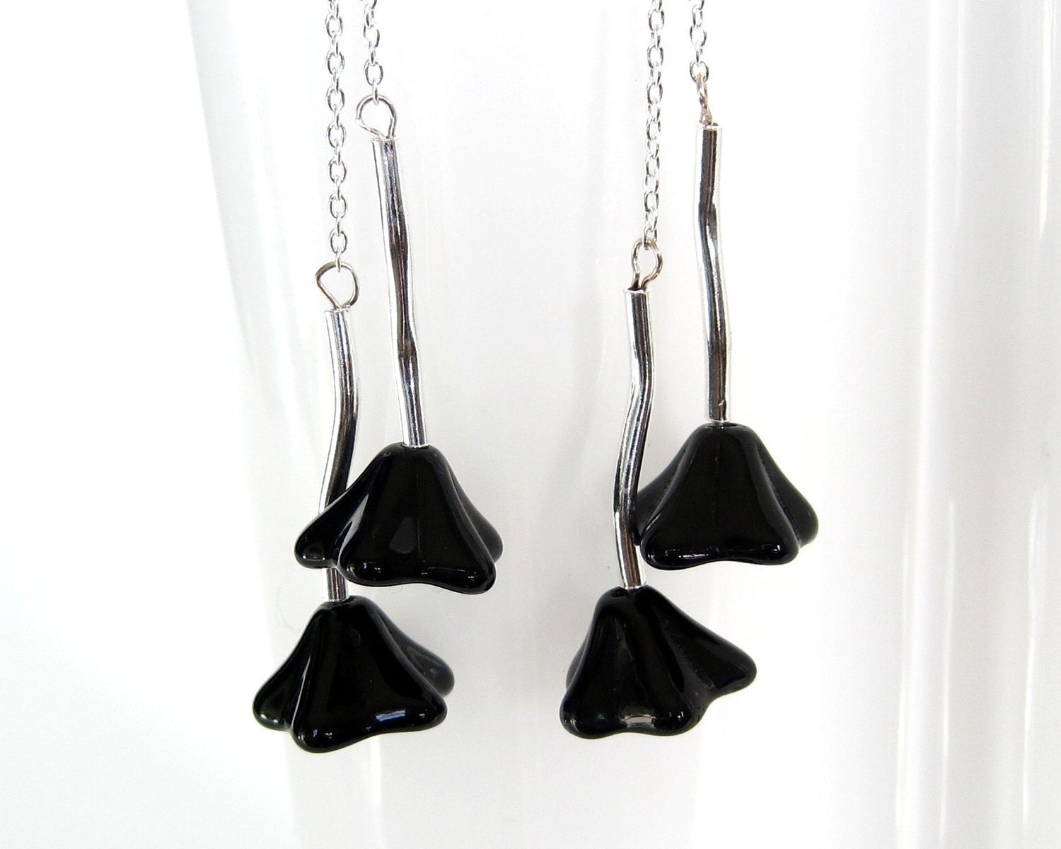 black flower earrings, modern goth sterling silver jewelry, gothic design, dangle earrings,