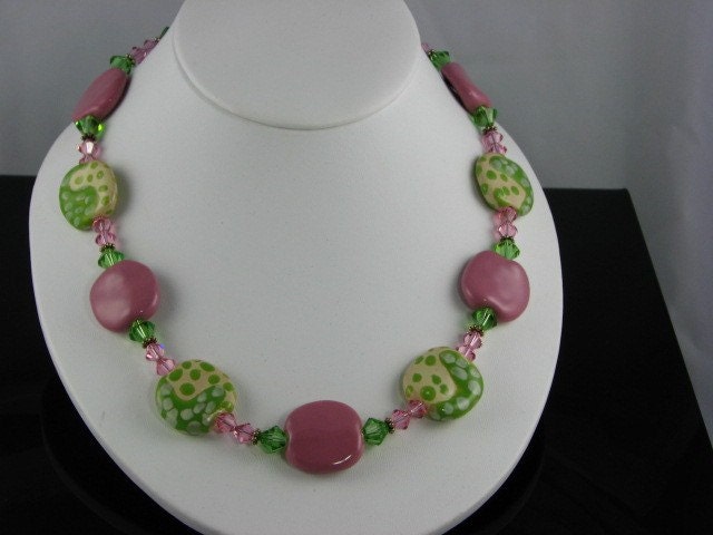Pink and Green Kazuri and Swarovski Crystal Beaded Necklace - A great spring necklace for yourself or a gift