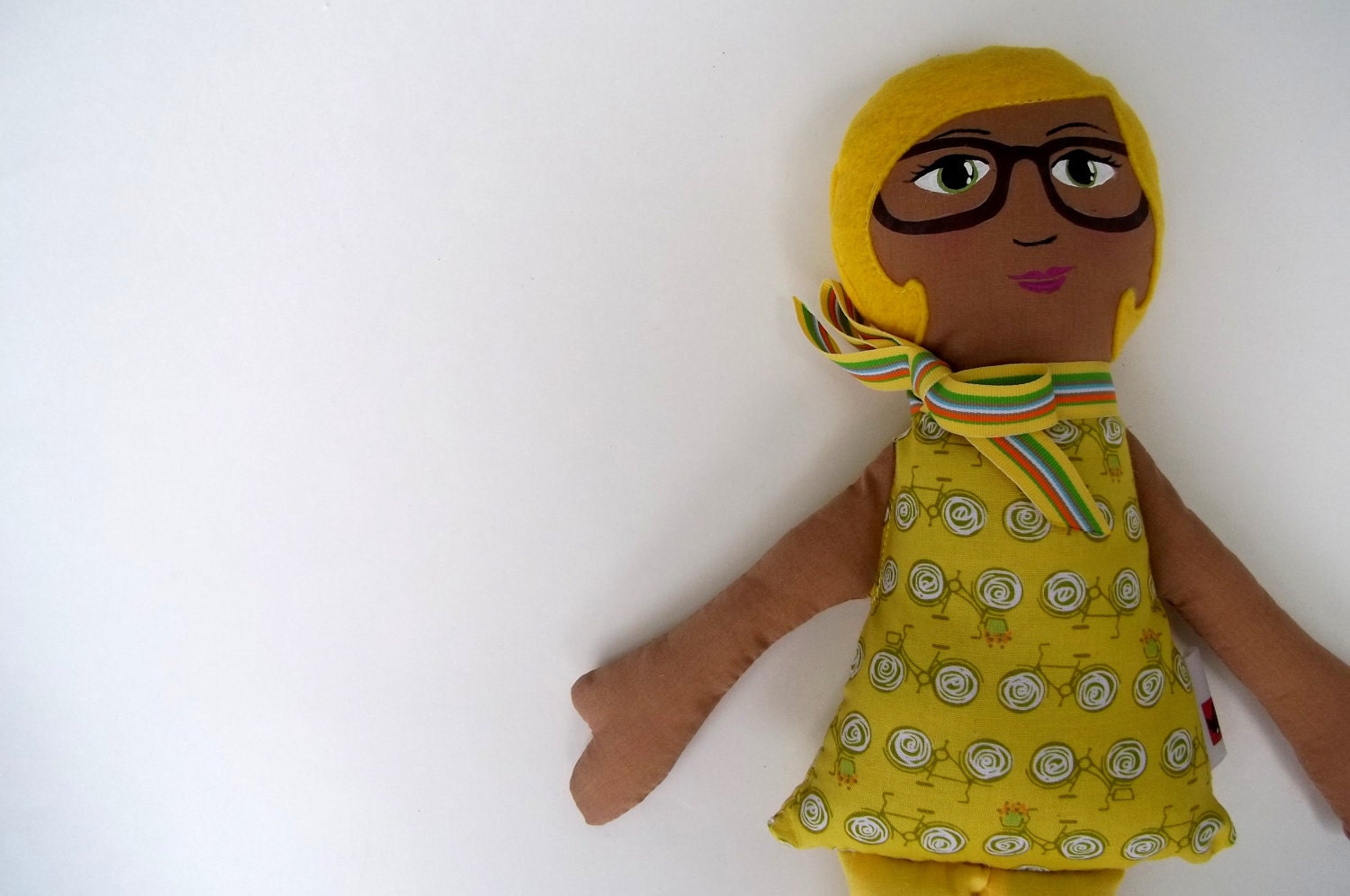 Cloth Doll, Hand Painted Face Glasses Yellow Hair