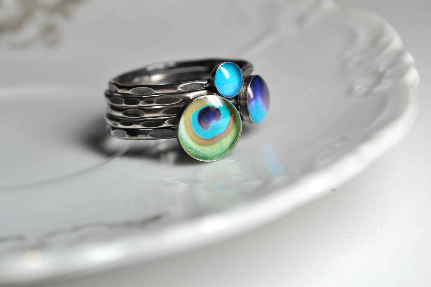 PEACOCK Stacking Rings - Sterling Silver (set of 5). YOUR SIZE.