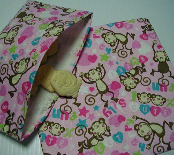 2pc Monkey's and Hearts  Reusable Sandwich and Snack Bag
