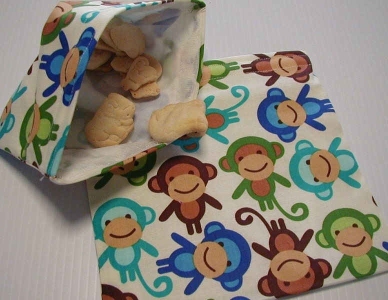 2pc  Monkeys Blue Multi Color  Reusable Sandwich and Snack Bag