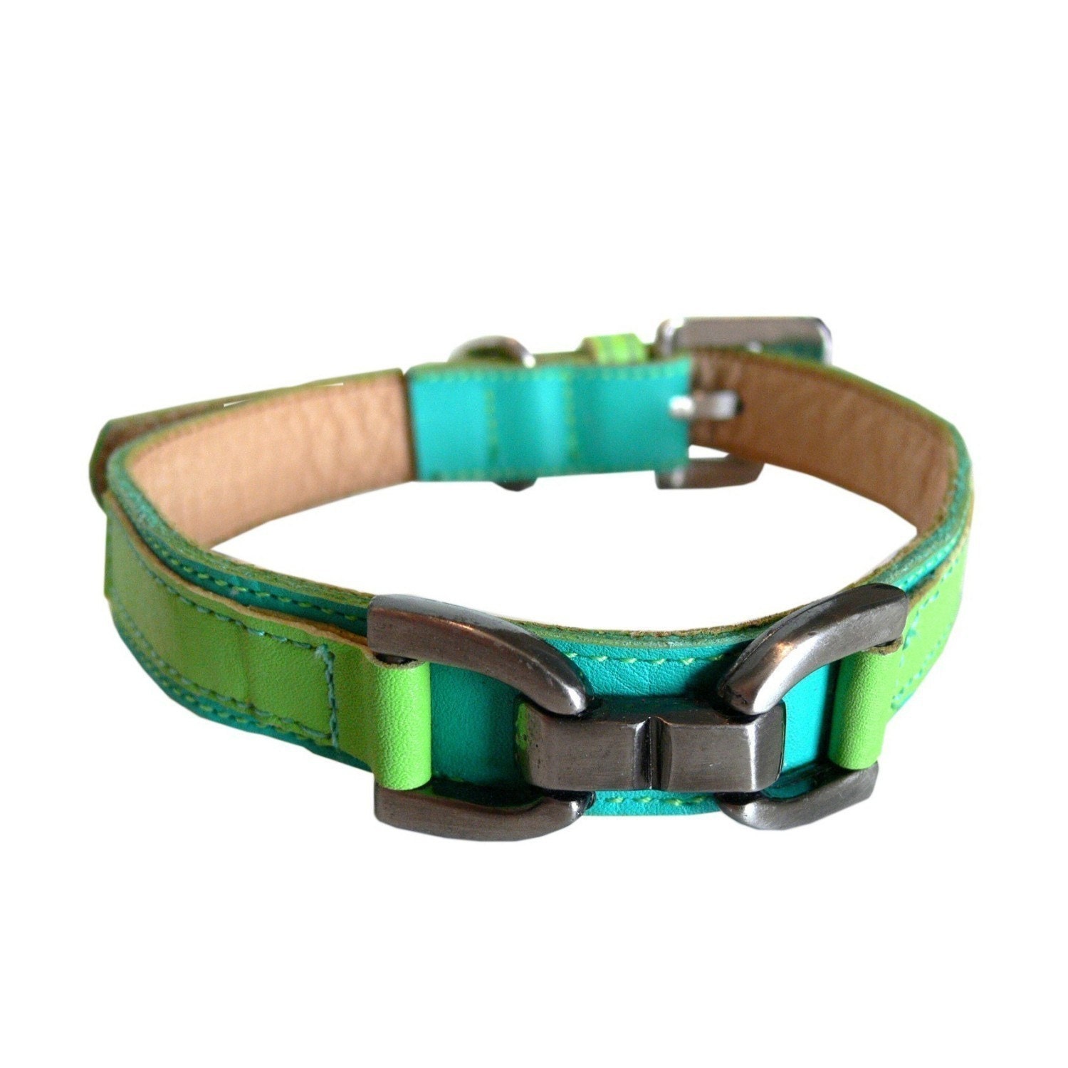 XL Cool Leather Dog Collar Turquoise with Lime