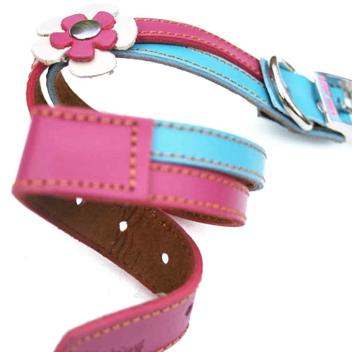 Swirls Leather Dog Collar and Leash Set - Pink n' Blue
