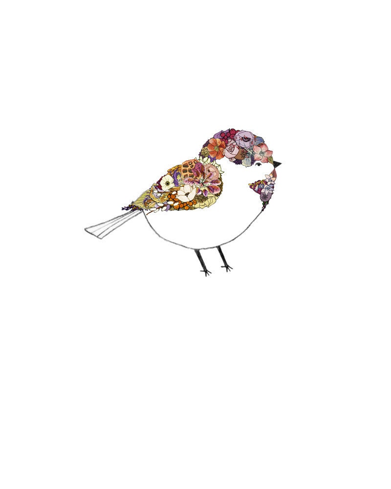Chickadee, flowers. 8x10 print