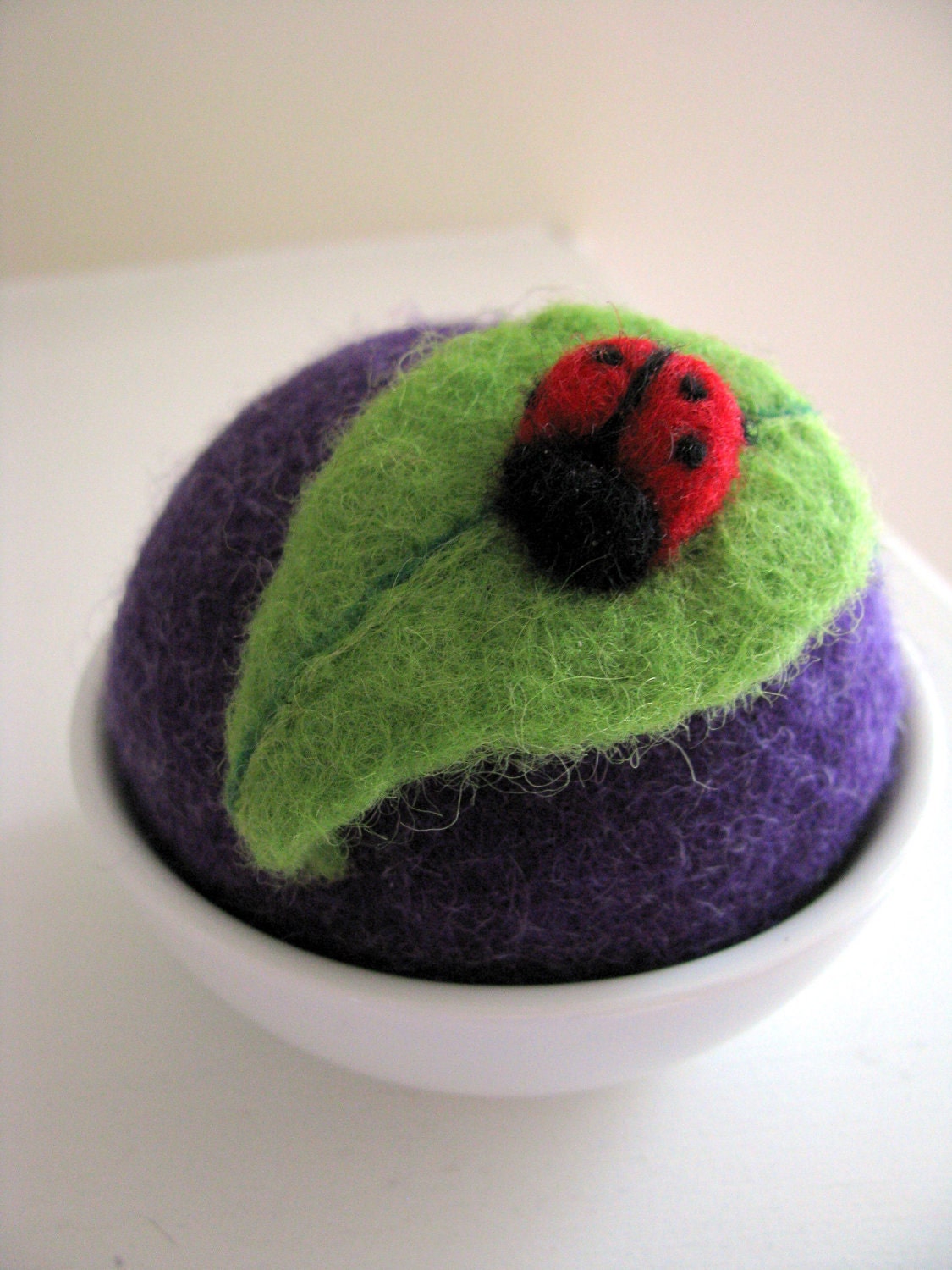 Ladybug on a Leaf Needle Felted Pincushion