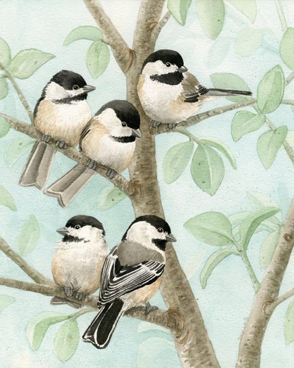 Bird Tree with Chickadees - 8x10 archival watercolor print by Tracy Lizotte