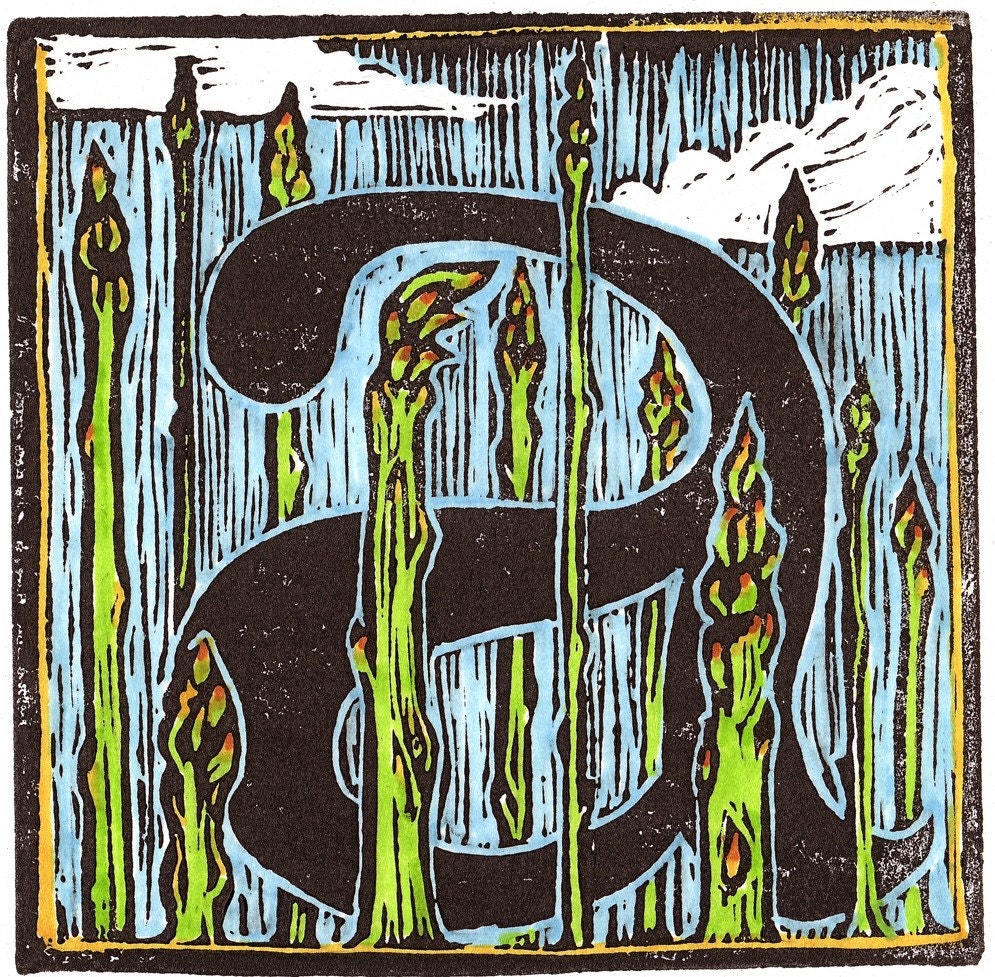 A is for Asparagus signed and matted Farm Alphabet block print