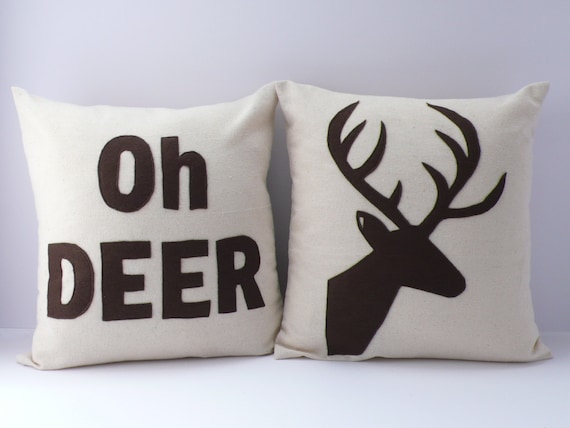 OH DEER, a Deer head Silhouette PAIR of pillows / cushions -- 14in (36cm) sq