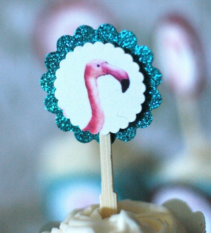 12- Flamingo GLITTER Cupcake Toppers