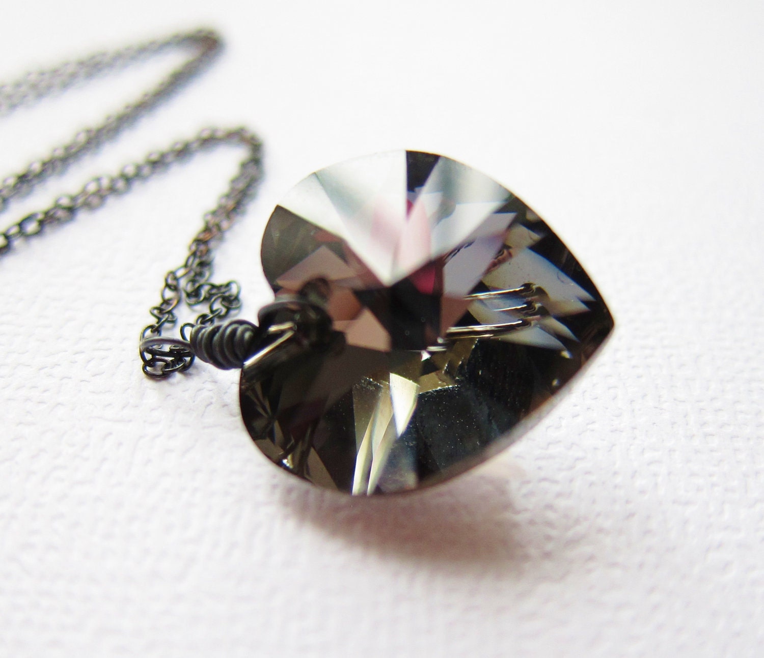 Heart Jewelry Black Night Swarovski Crystal Heart Necklace Sterling Silver Oxidized Wire Wrapped