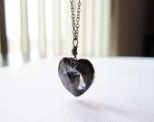Crystal Heart Necklace Sterling Silver Oxidized Wire Wrapped Black Swarovski Crystal