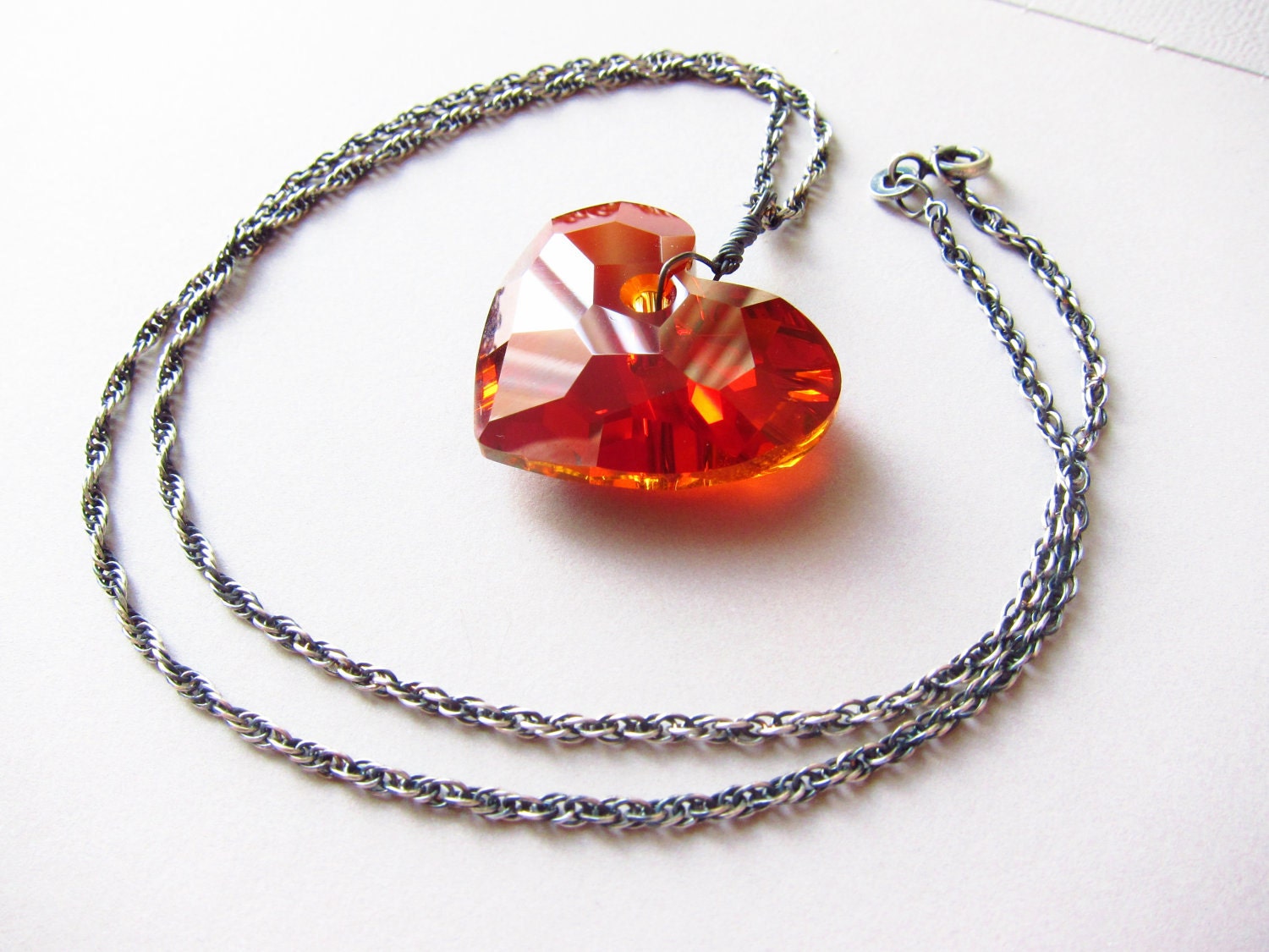 Heart Necklace Red Swarovski Crystal Heart Necklace Wire wrapped Sterling Silver oxidized black