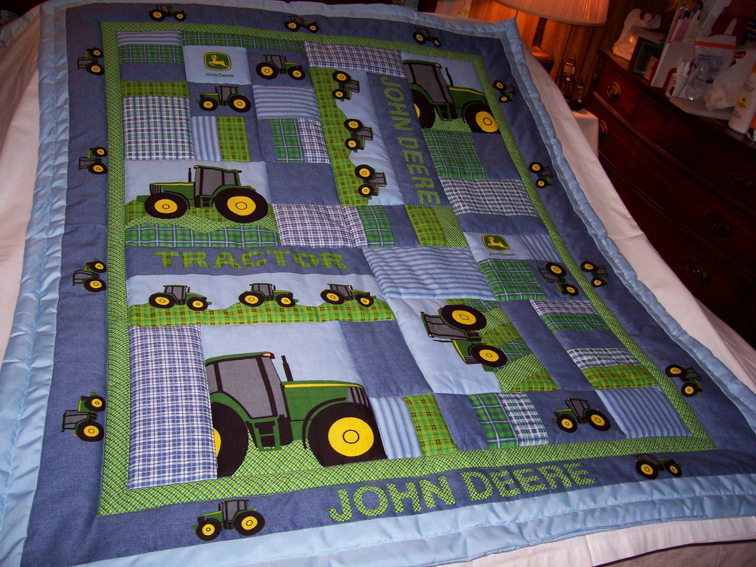 Handmade Baby/Toddler Quilt, Matching Pillow Case John Deere Tractors -NEW 2013