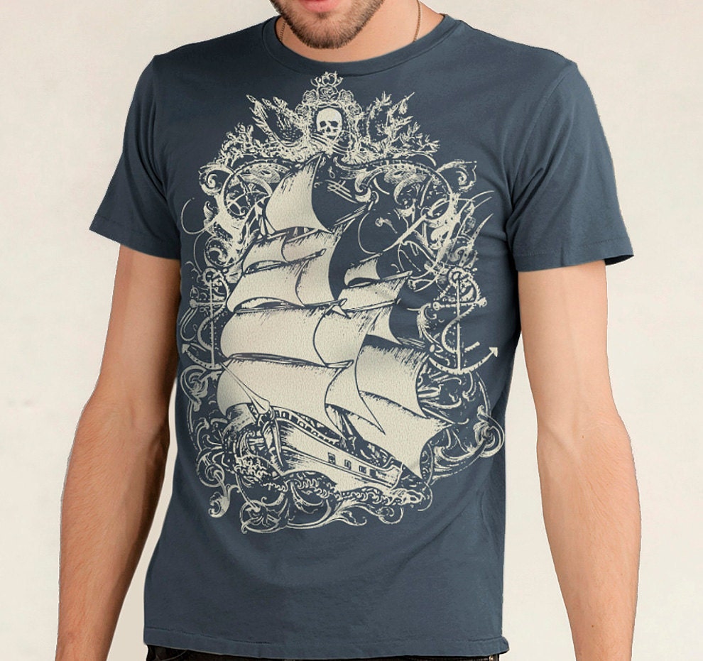 CLEARANCE SALE Pirate Ship T-shirt, Tall Ship, Sailing Ship Men's T-shirt Indigo Blue XL