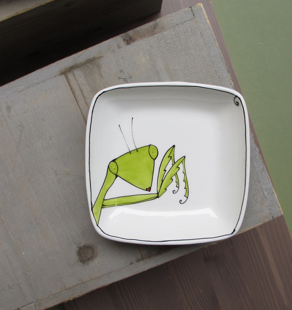 Green praying mantis tray, small ceramic spring insect tray / plate for her