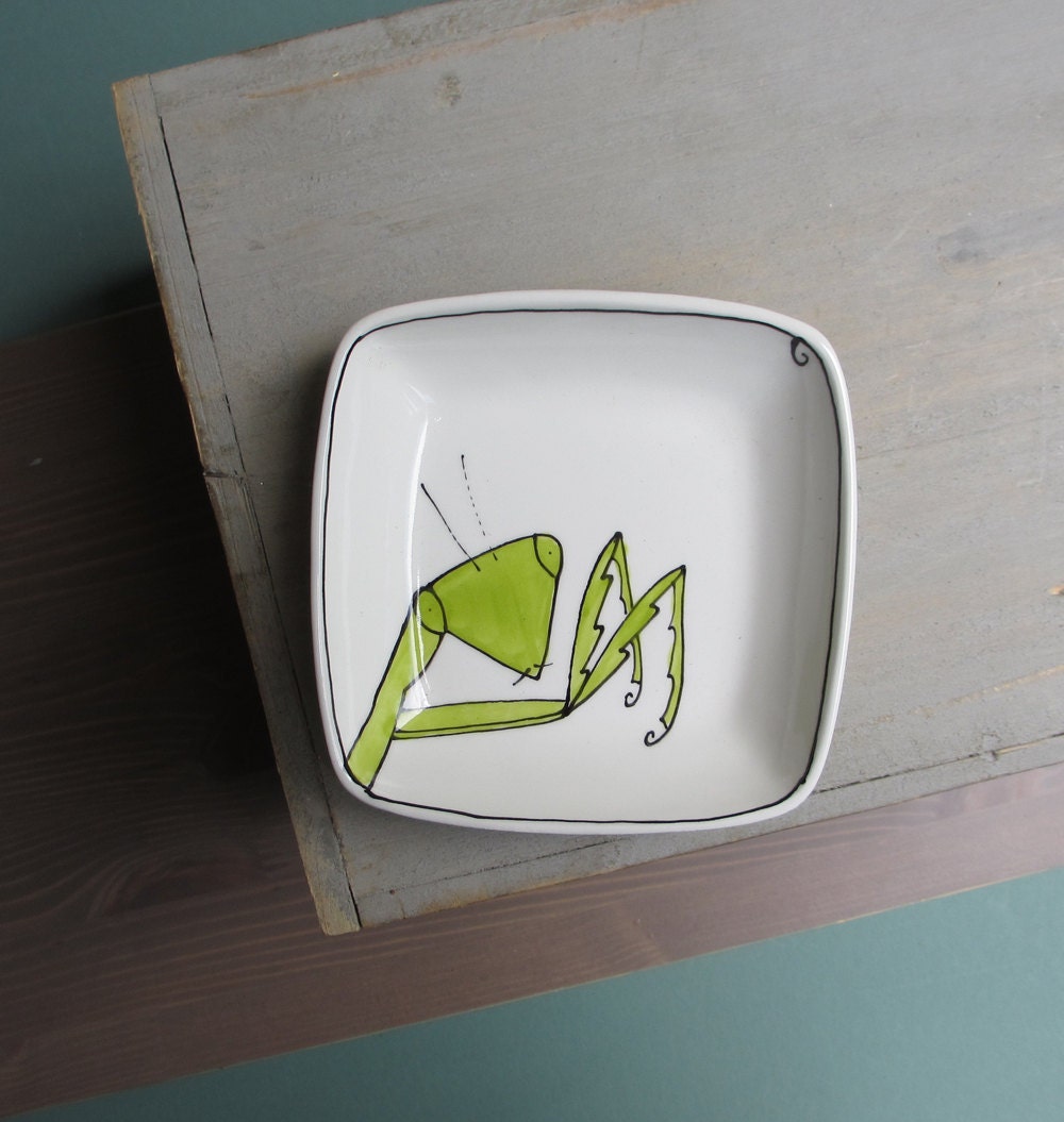 Ceramic green praying mantis insect tray,  quirky funny garden insect dish, unisex gift