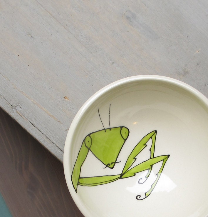 Praying mantis ceramic bowl, insect dish for him - catherinereece
