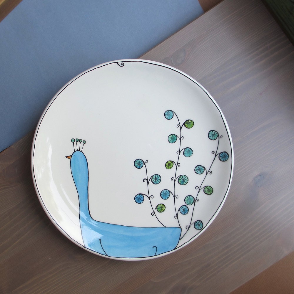 Large ceramic blue peacock plate, spring garden plate