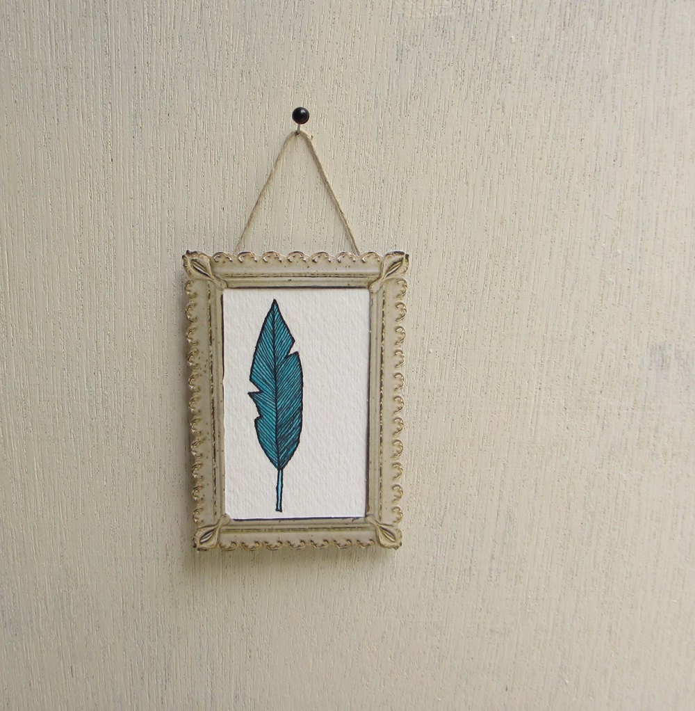 Small blue bird feather wall art watercolor painting, woodland home decor