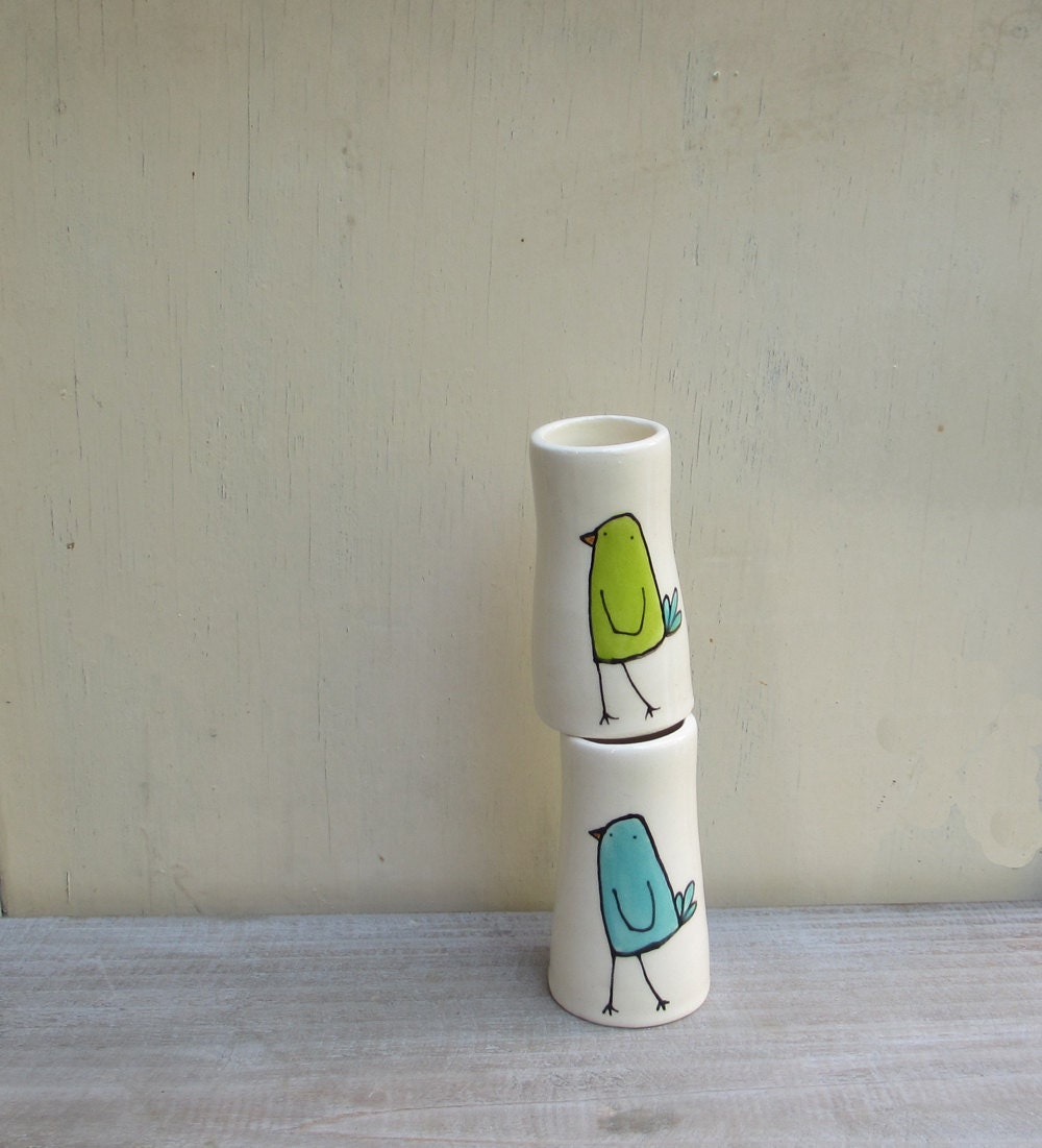 Two bird vases, blue and green garden bud vase, mother's day gift