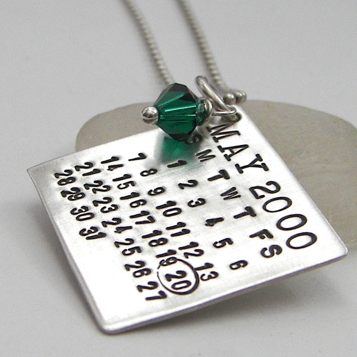 Mark Your Calendar Necklace hand stamped and personalized sterling silver necklace with Swarovski crystal dangle