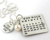 Our Wedding Day Mark Your Calendar Necklace hand stamped and personalized sterling silver necklace with pearl