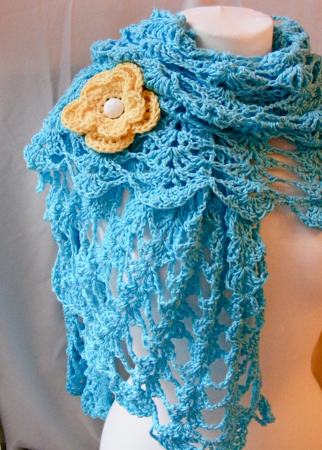 Summer Shawl Crochet Pattern - Light and Airy Openwork Pattern - Fast Shell Pattern - Beautiful - with Flower Pin