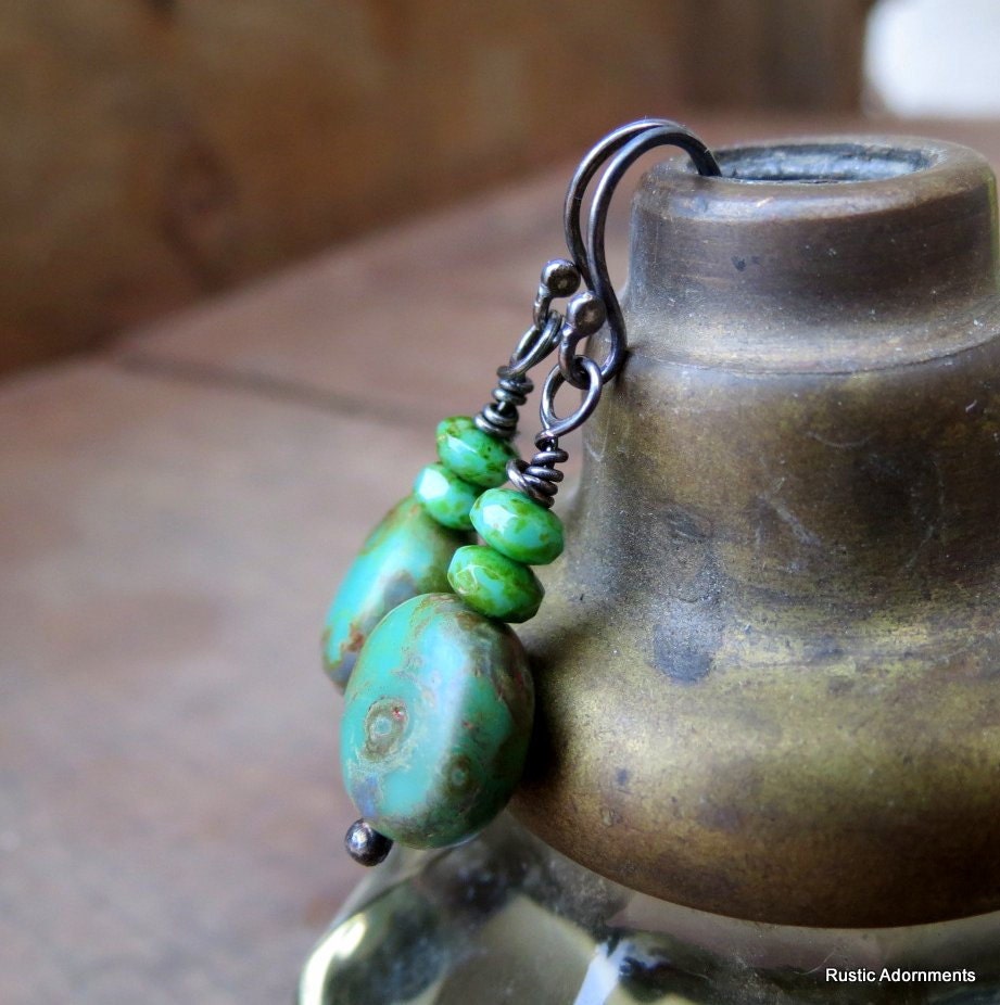 Rustic Turquoise on Oxidized Sterling Silver . Handmade . One of a Kind Earrings . Artisan Gifts
