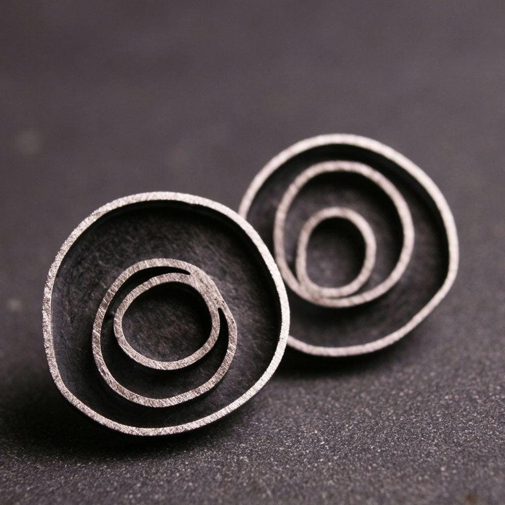 Modern sterling silver oxidized circle earrings - Orbit -  READY TO SHIP