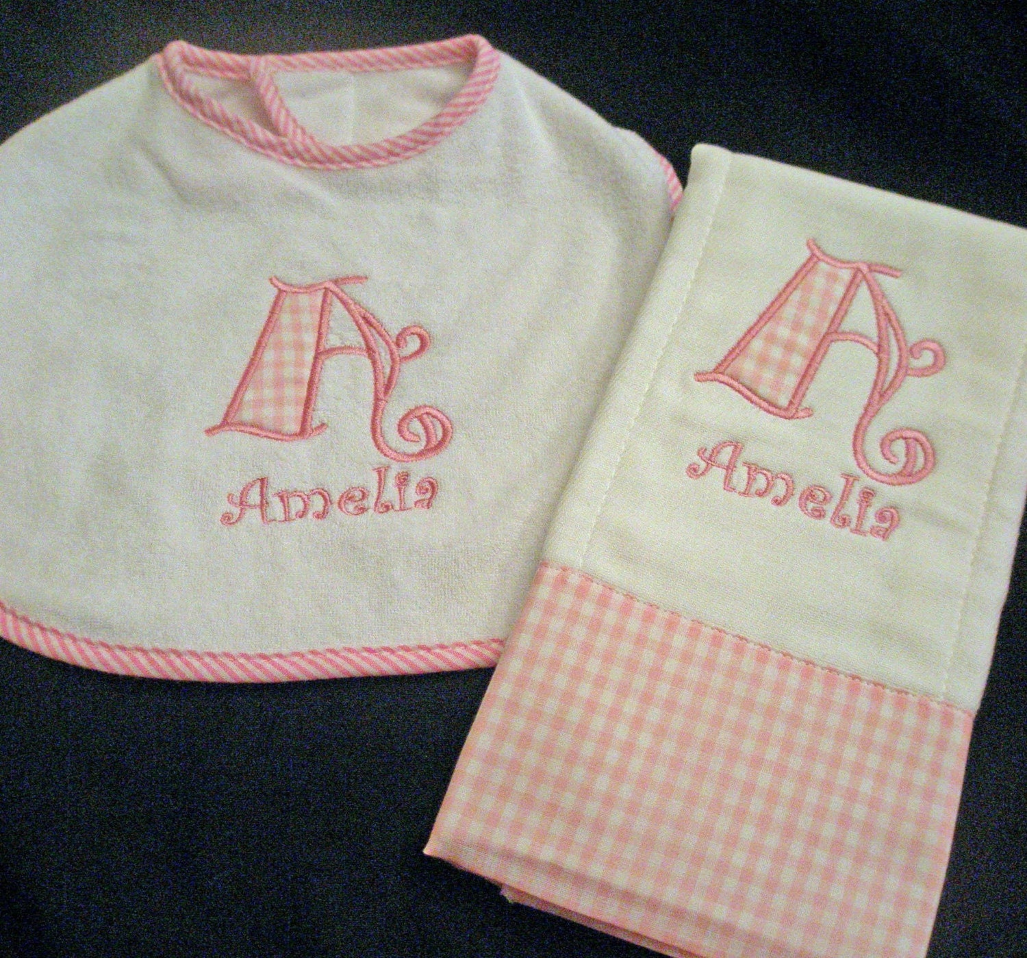 Boutique Custom Monogrammed Personalized Baby Bib and Burb Cloth