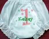 Custom Boutique Birthday Monogrammed Personalized Girly Diaper Cover with Eyelet Lace Edging.