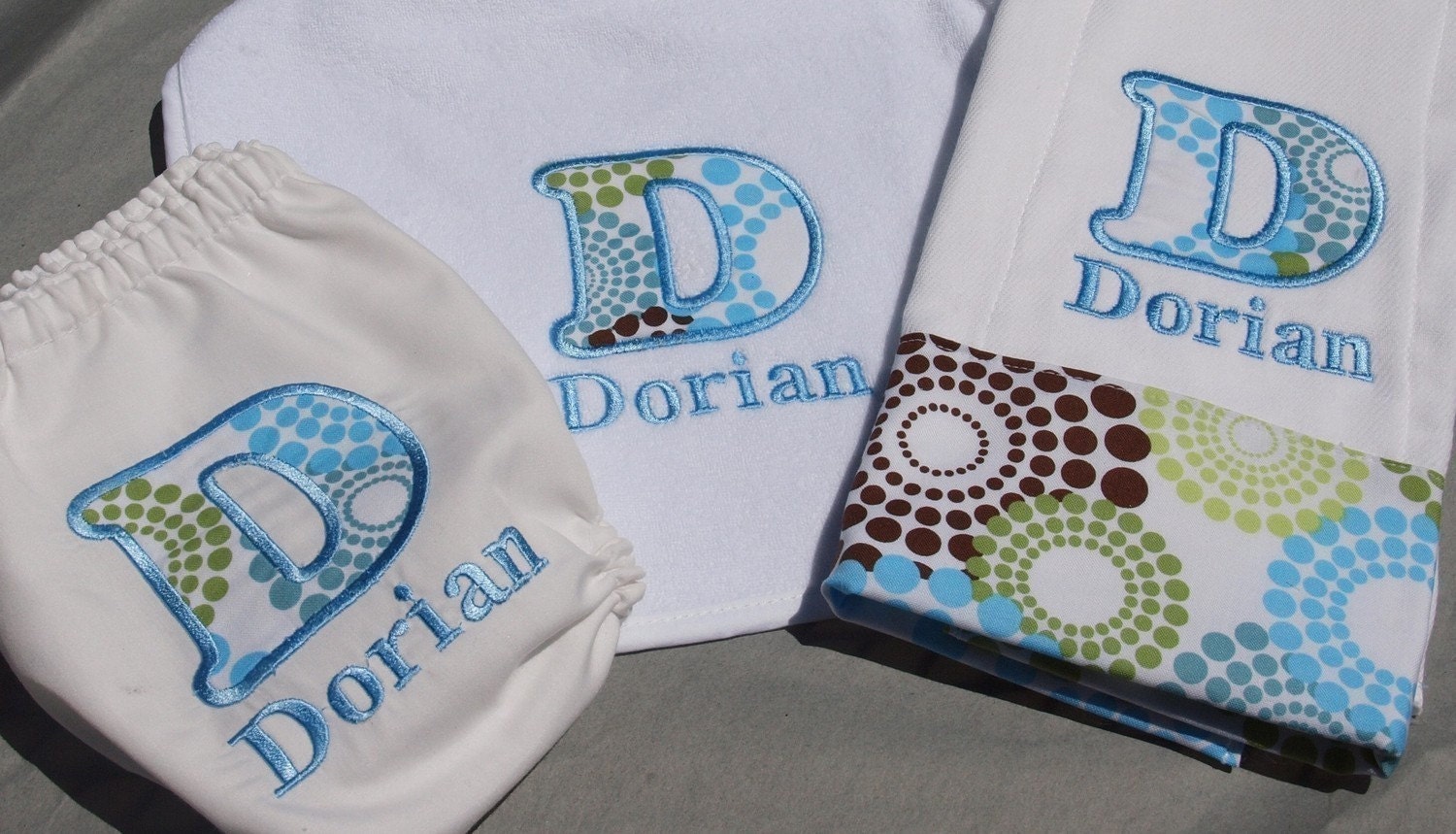 Boutique Custom Monogrammed Personalized Diaper Cover, Baby Bib and Burp Cloth Set
