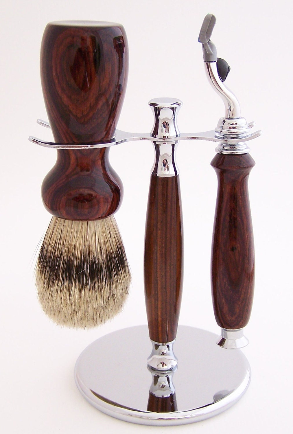 Cocobolo Wood 24mm Silvertip Badger Brush, Mach 3 Razor and Stand Shaving Set (Handmade in USA)
