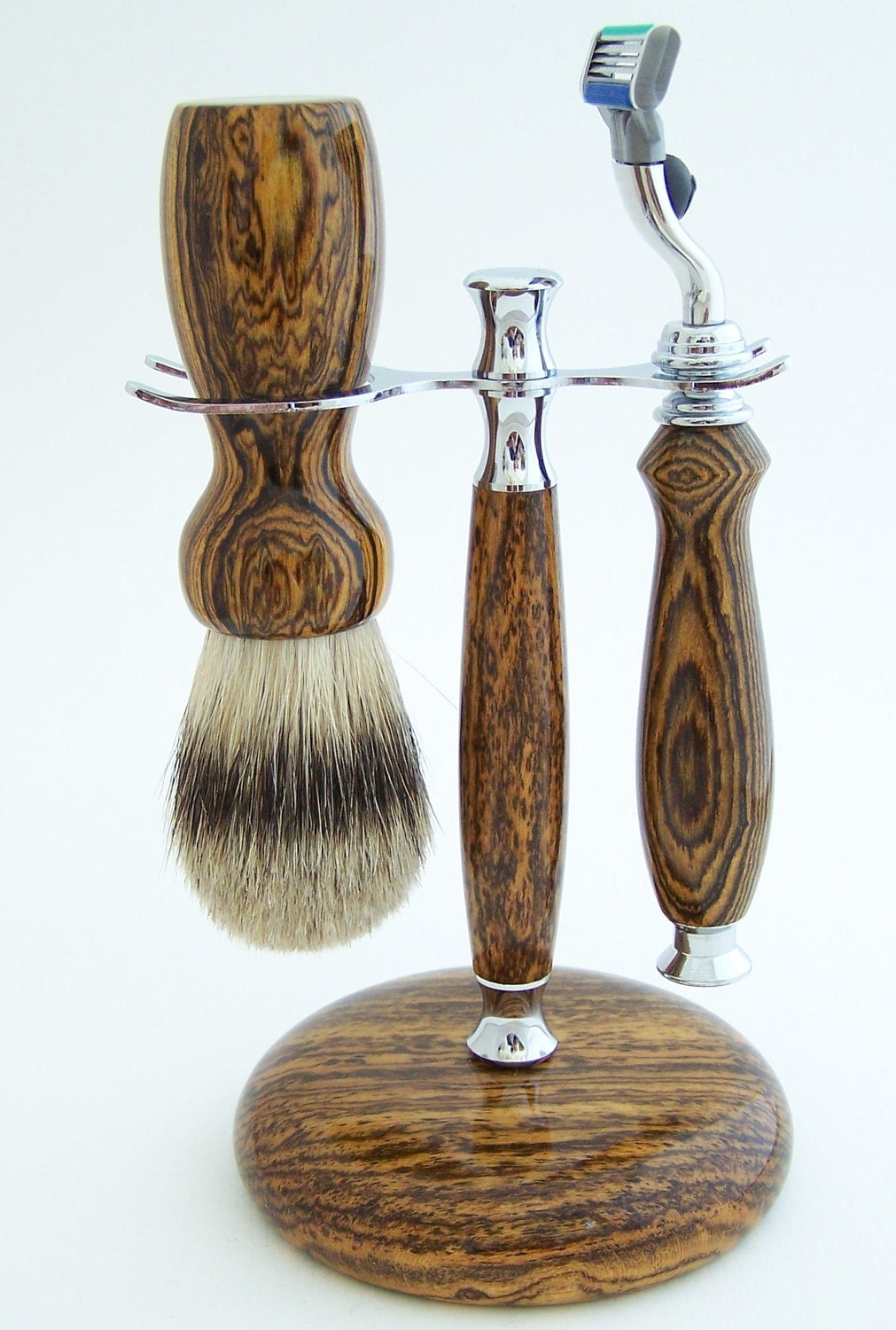 Bocote Wood 24mm Silvertip Badger Brush, Mach 3 Razor and Stand Shaving Set (Handmade in USA)