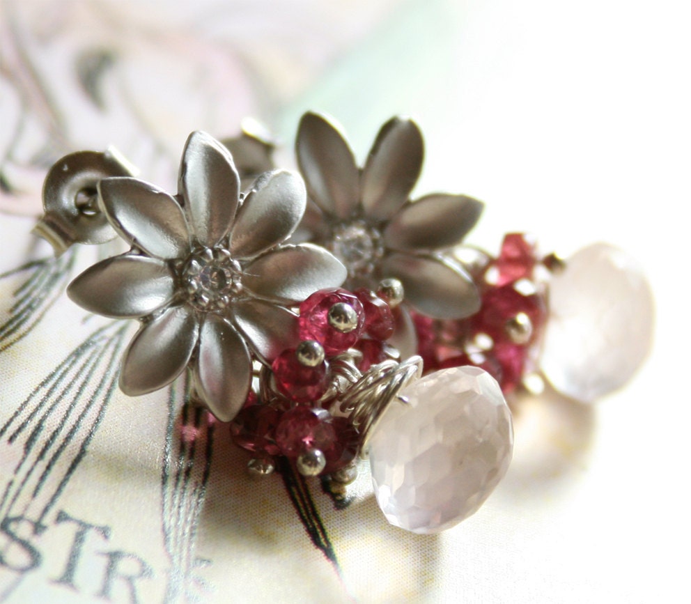 Rose Quartz Earrings Flower Cluster Sterling Silver Post Pink Gemstone earrings Red Spinel