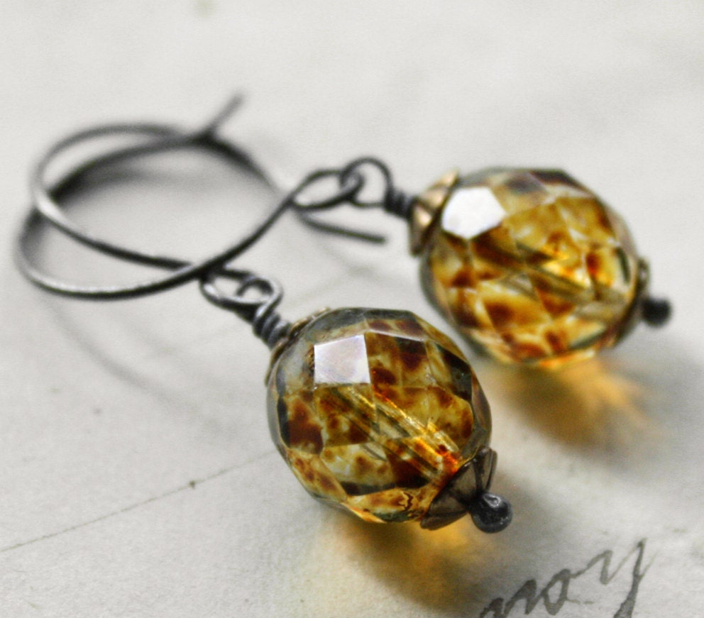 Tortoiseshell Earrings Czech Glass and Oxidized Sterling Silver Earthy Rustic Golden Honey Brown