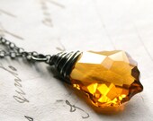 Golden Topaz Swarovski Necklace Sterling Silver Crystal Wire Wrapped Oxidized Saffron Yellow