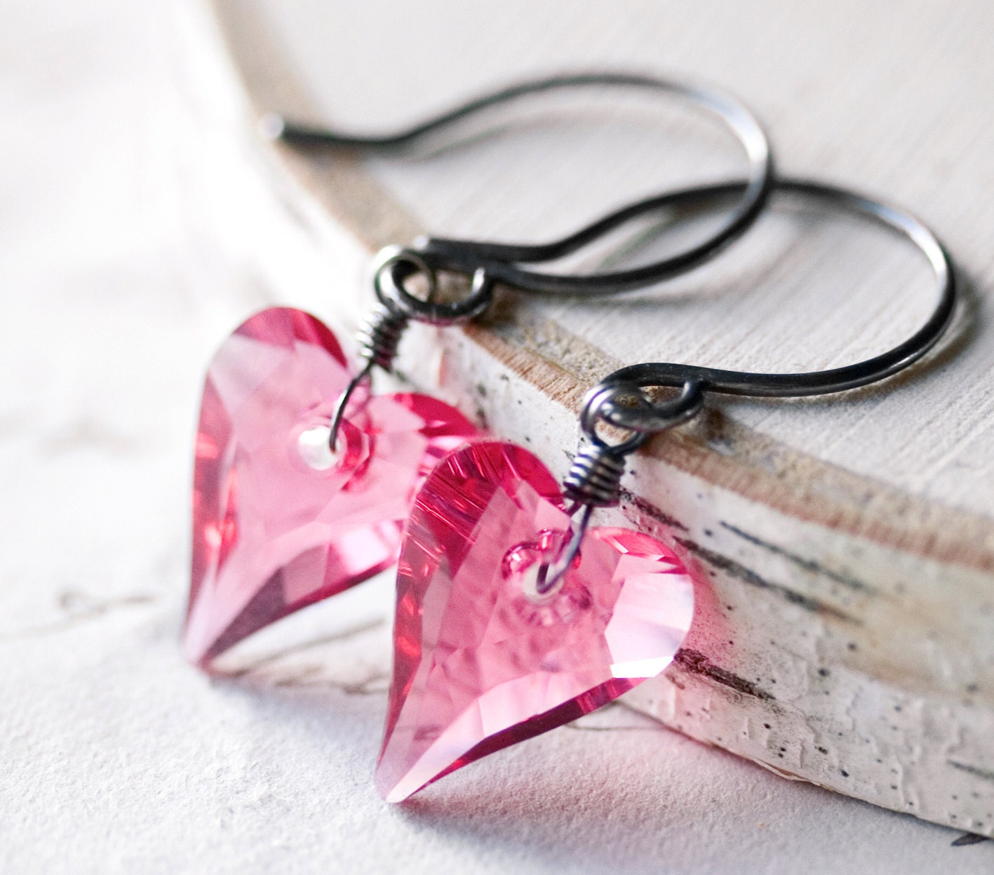 Pink Valentine Heart Earrings Sterling Silver Oxidized Wire Wrapped Swarovski Crystal Sweetheart Earrings