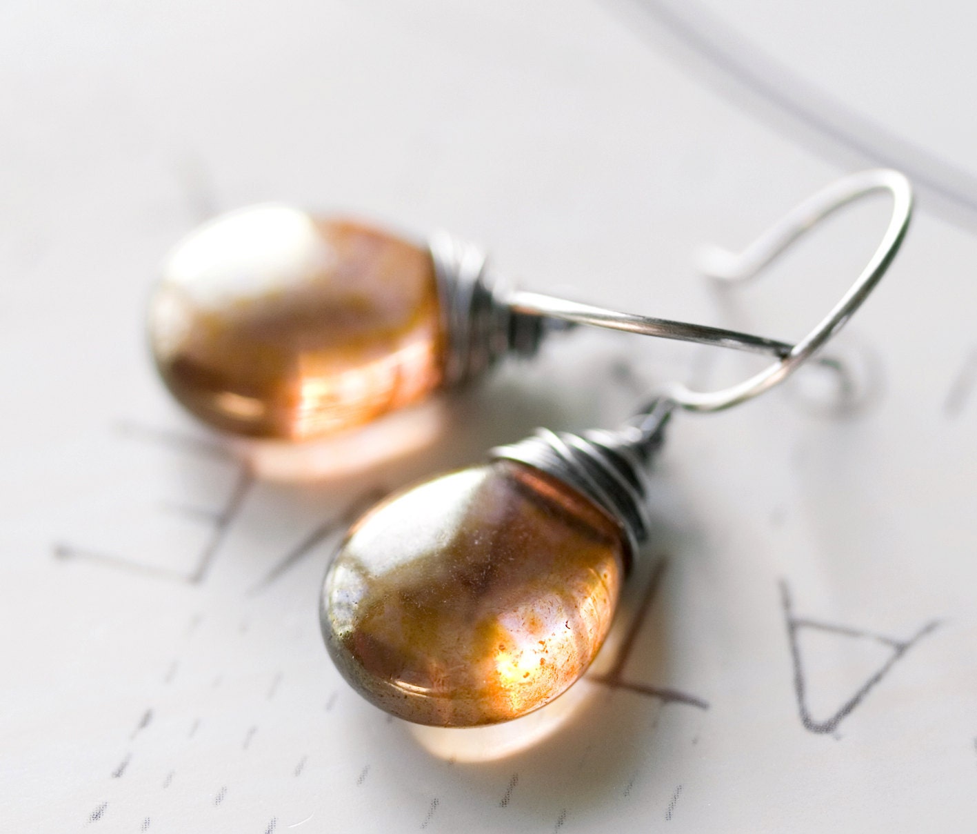 Rose Petal Earrings Sterling Silver Pink Gold Glass Drops Wire Wrapped Oxidized