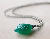 Evergreen Necklace Green Onyx Carved Leaf Pendant Sterling Silver Wire Wrapped Necklace